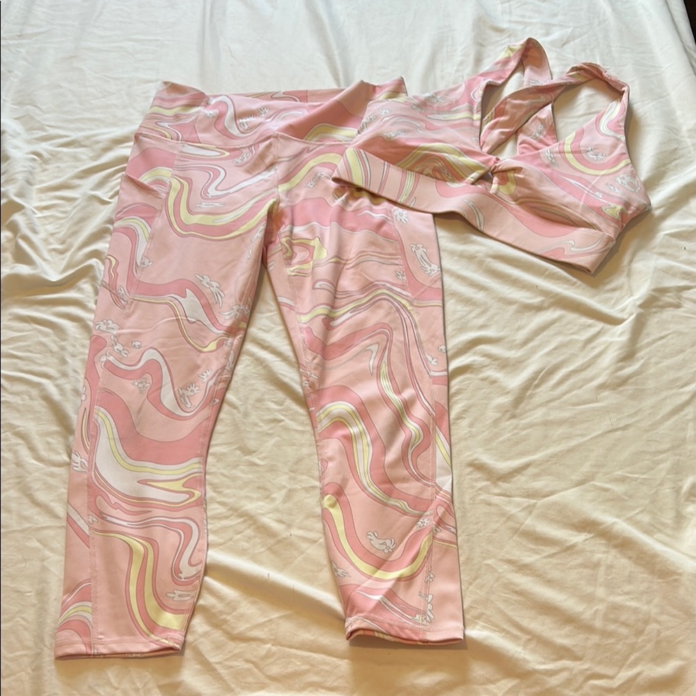 Fabletics Pink and Yellow Swirl Activewear Set